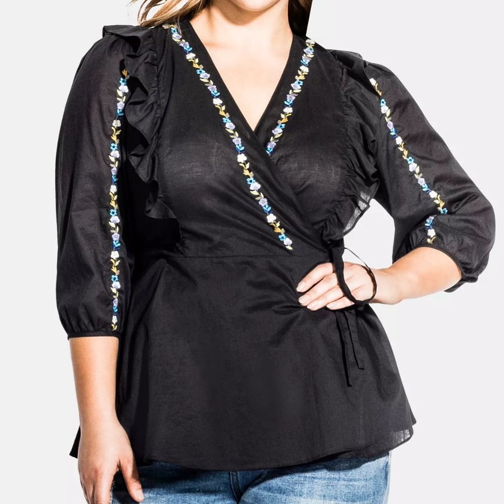 NWT City Chic Cotton Embroidered Wrap Top - Size 18
